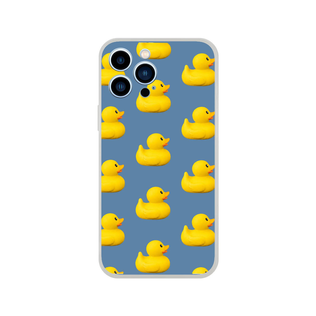 Blue aesthetic rubber duck iPhone case with bold yellow ducks, matte finish, lightweight for iPhone 13–16.
