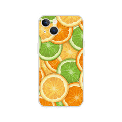 Tropical citrus fruit iPhone case (13-16) with orange, lemon, and lime slices pattern.