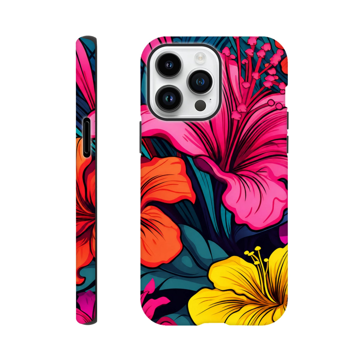 Vibrant tropical hibiscus iPhone case featuring bold pink, orange, and yellow flowers with dark teal leaves for durable street style protection.