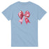 Light blue women's short-sleeve cotton-blend T-shirt with a pink bow graphic.