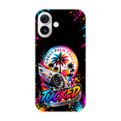 Tucked stance iPhone case featuring lowered silver car, colorful palm trees, and Urban Palm Trees sunset graphic with vibrant paint splatters.