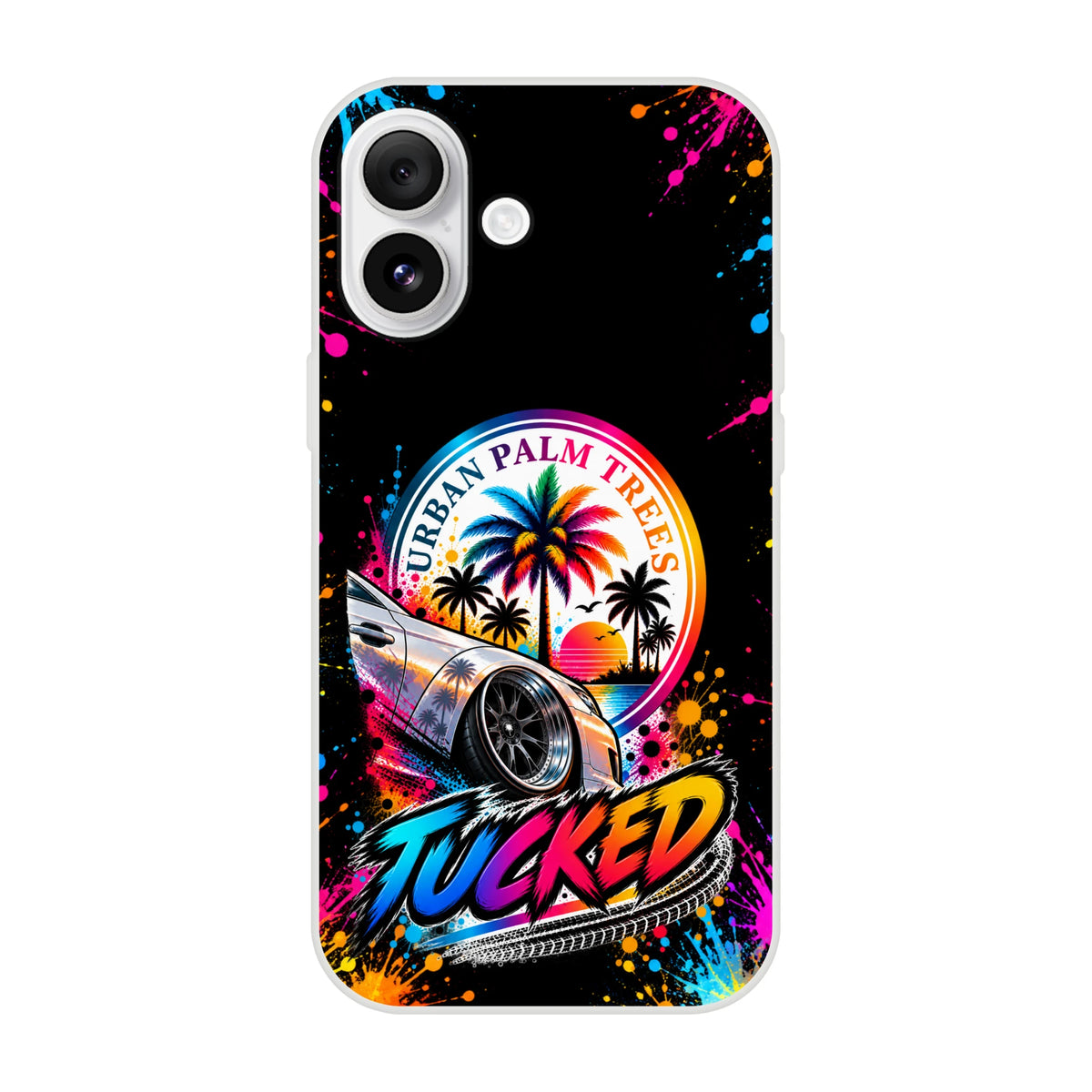Tucked stance iPhone case featuring lowered silver car, colorful palm trees, and Urban Palm Trees sunset graphic with vibrant paint splatters.