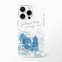 White iPhone case featuring a blue line-art illustration of Santorini domes and the text Santorini blues and breezy views.