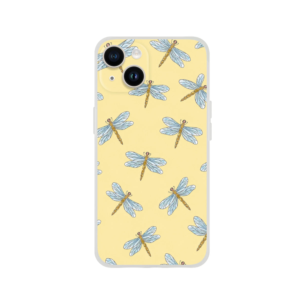 Yellow dragonfly-pattern iPhone case for 13-16, slim shell with bold blue dragonfly print