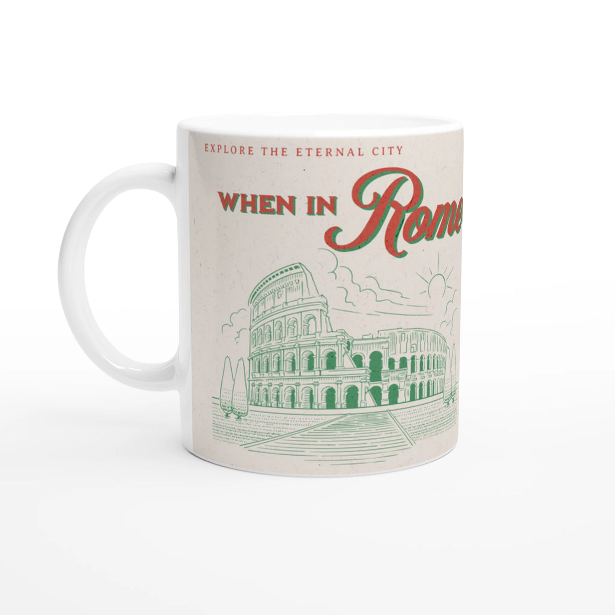 Vintage Rome mug with retro postcard design featuring iconic landmarks and When in Rome typography.