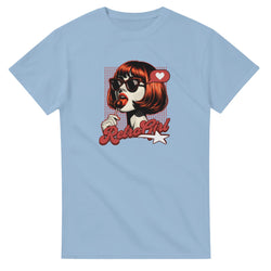 Retro pop art graphic tee featuring a red bobbed woman in sunglasses licking a lollipop with a heart icon and star.