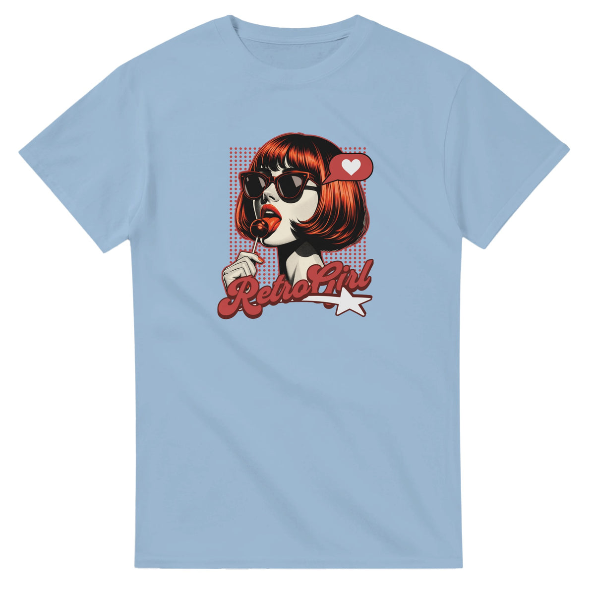 Retro pop art graphic tee featuring a red bobbed woman in sunglasses licking a lollipop with a heart icon and star.