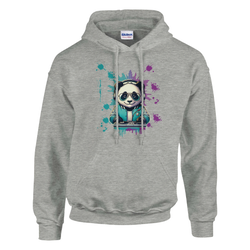Grey Panda DJ graphic hoodie with a panda wearing headphones at a DJ mixer, surrounded by teal and purple splash art.