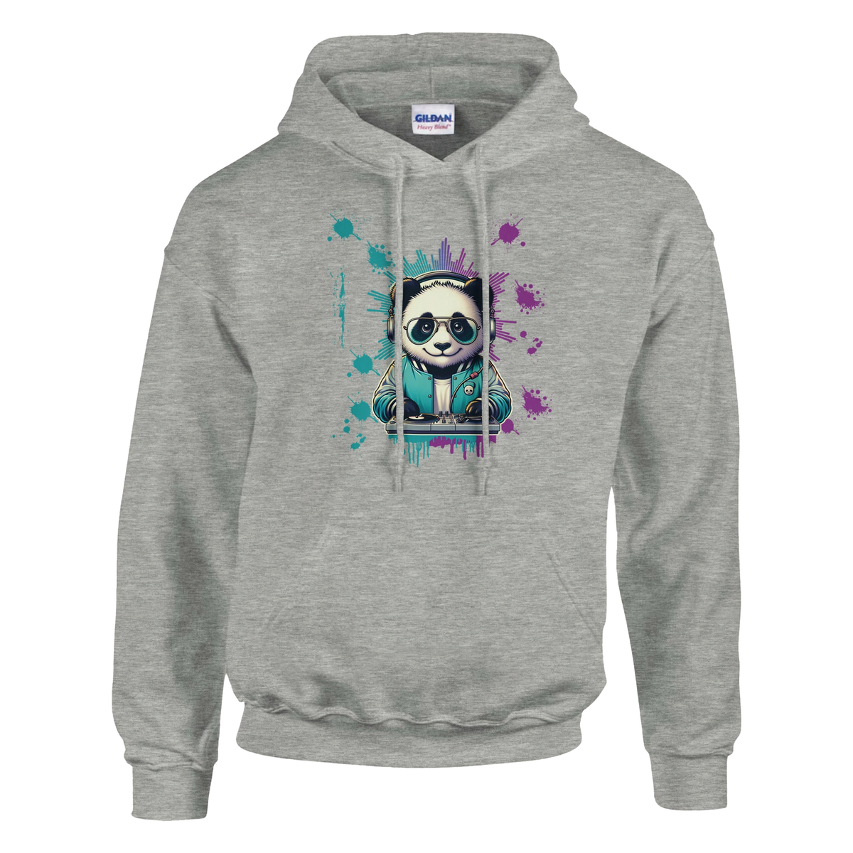 Grey Panda DJ graphic hoodie with a panda wearing headphones at a DJ mixer, surrounded by teal and purple splash art.