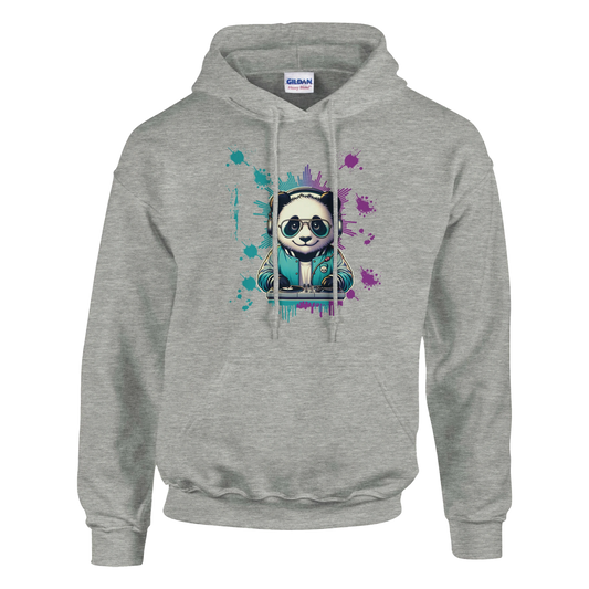 Gray men's graphic hoodie with a panda graphic on a white background