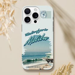 Retro style iPhone case featuring a Malibu California beach scene, pier, and "thinkin of you in Malibu" text with an Air Mail stamp graphic.
