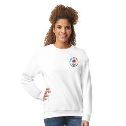 White crew neck sweatshirt featuring a colorful retro palm tree logo on the chest. Tropical streetwear for women.