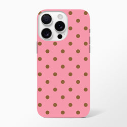 Pink and brown polka dot tough iPhone case with protective dual-layer design and shock-absorbing TPU for iPhone 13-16.