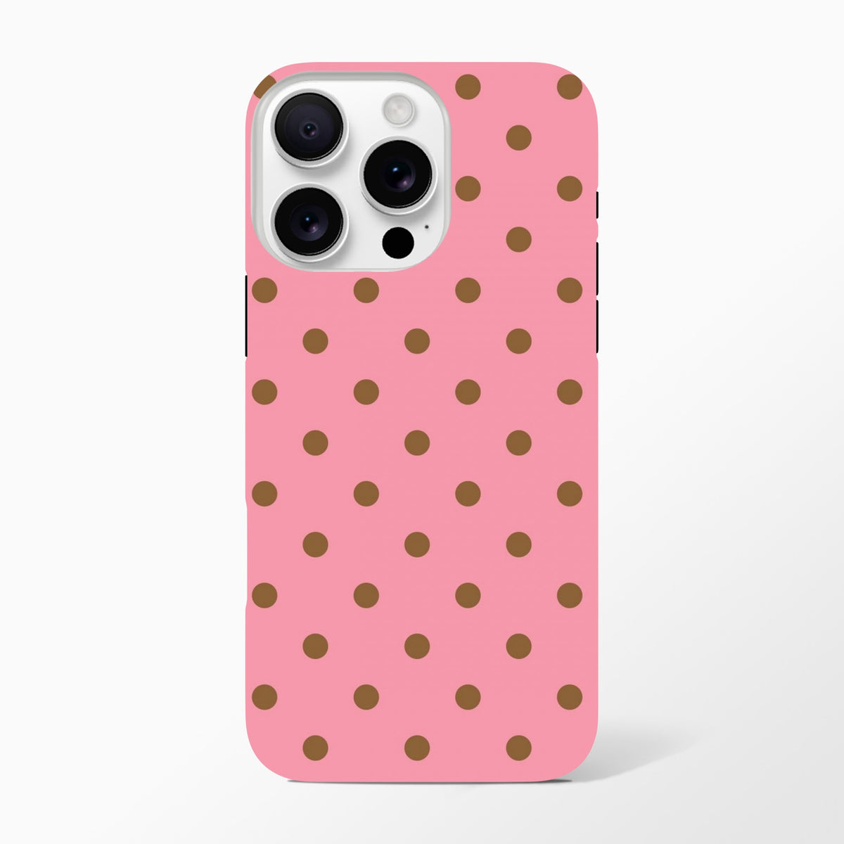 Pink and brown polka dot tough iPhone case with protective dual-layer design and shock-absorbing TPU for iPhone 13-16.
