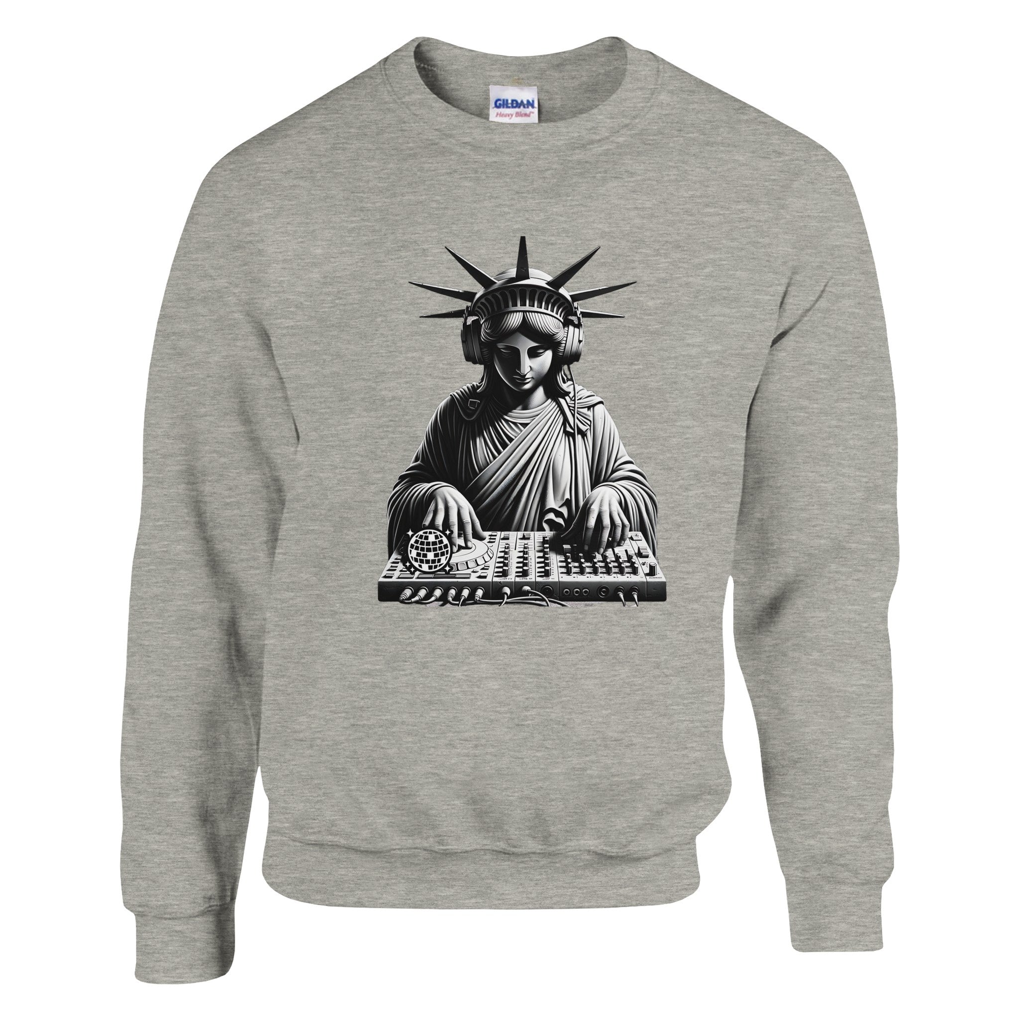 DJ Club Men's Graphic Sweatshirt featuring Statue of Liberty with headphones at a DJ mixer on gray cotton blend fabric