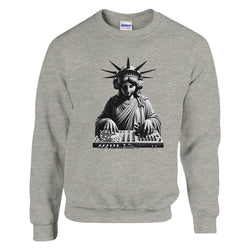 DJ Club Men's Graphic Sweatshirt featuring Statue of Liberty with headphones at a DJ mixer on gray cotton blend fabric