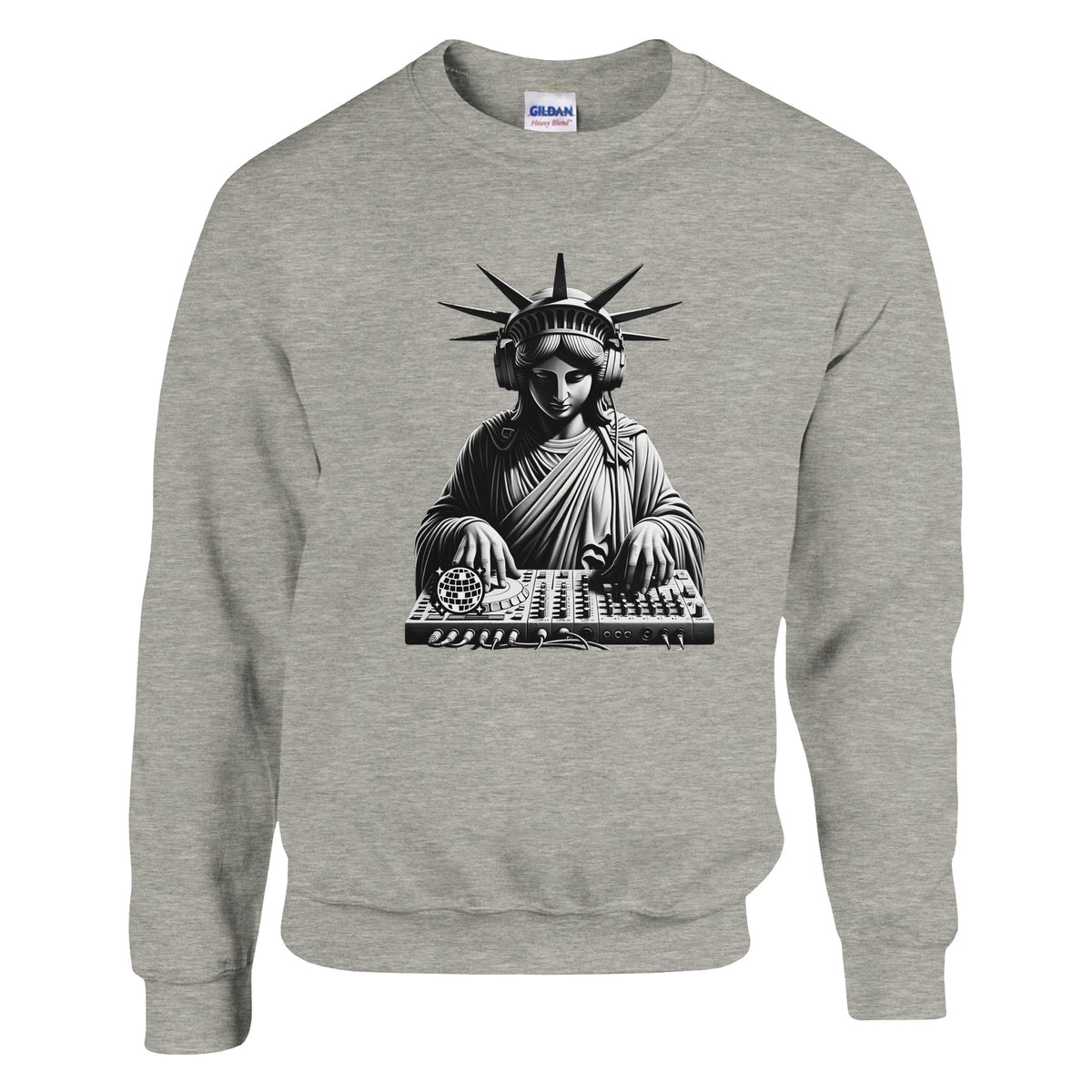 DJ Club Men's Graphic Sweatshirt featuring Statue of Liberty with headphones at a DJ mixer on gray cotton blend fabric