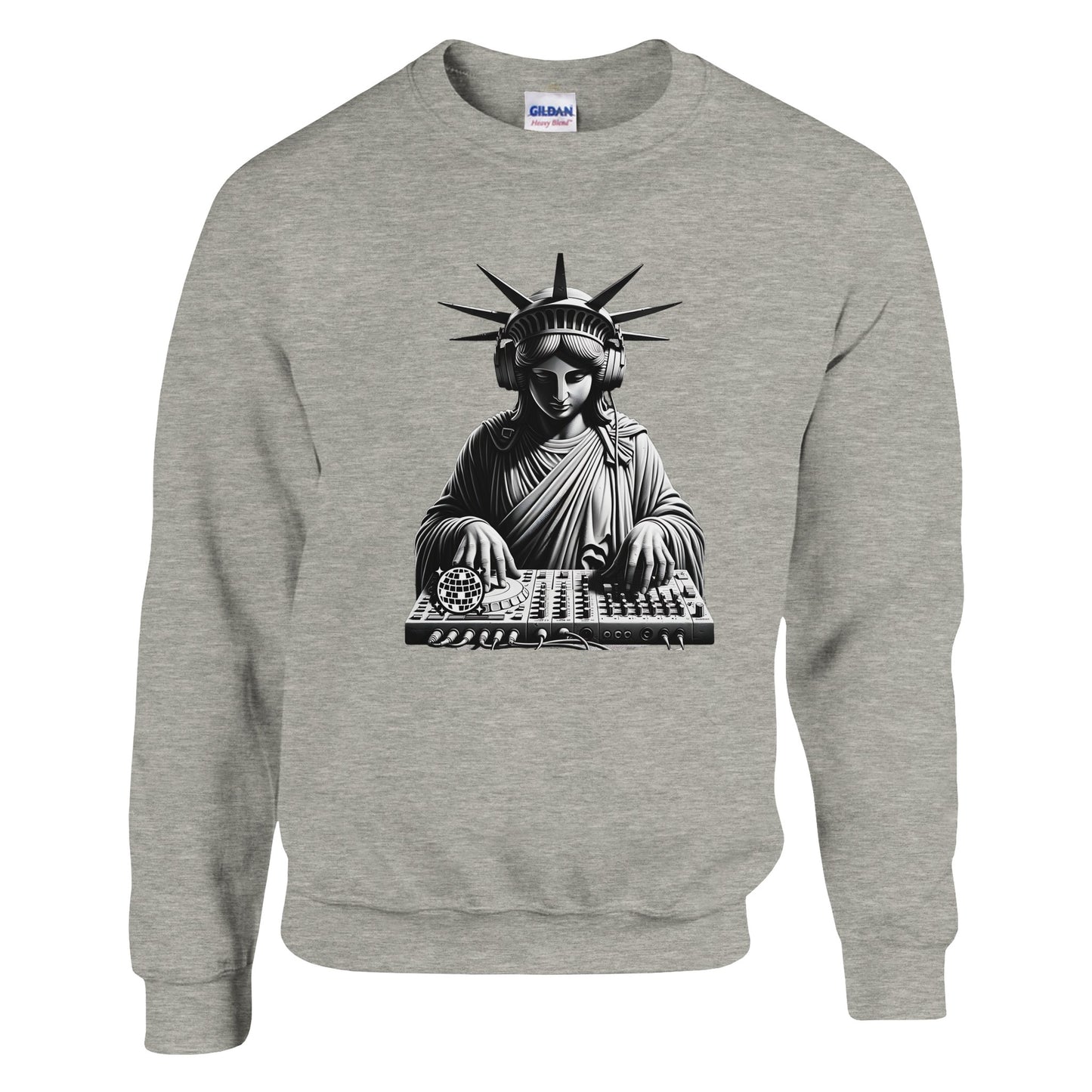 Gray men's graphic sweatshirt with a graphic of the Statue of Liberty DJing on a white background