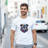 White men's graphic tee with a colorful bulldog wearing sunglasses on soft cotton-blend fabric.