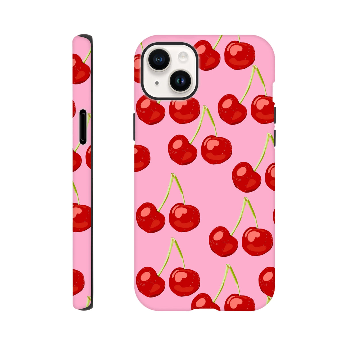 Pink tough iPhone case featuring a seamless wraparound print of cute red cherries with green stems on a vibrant pink background.