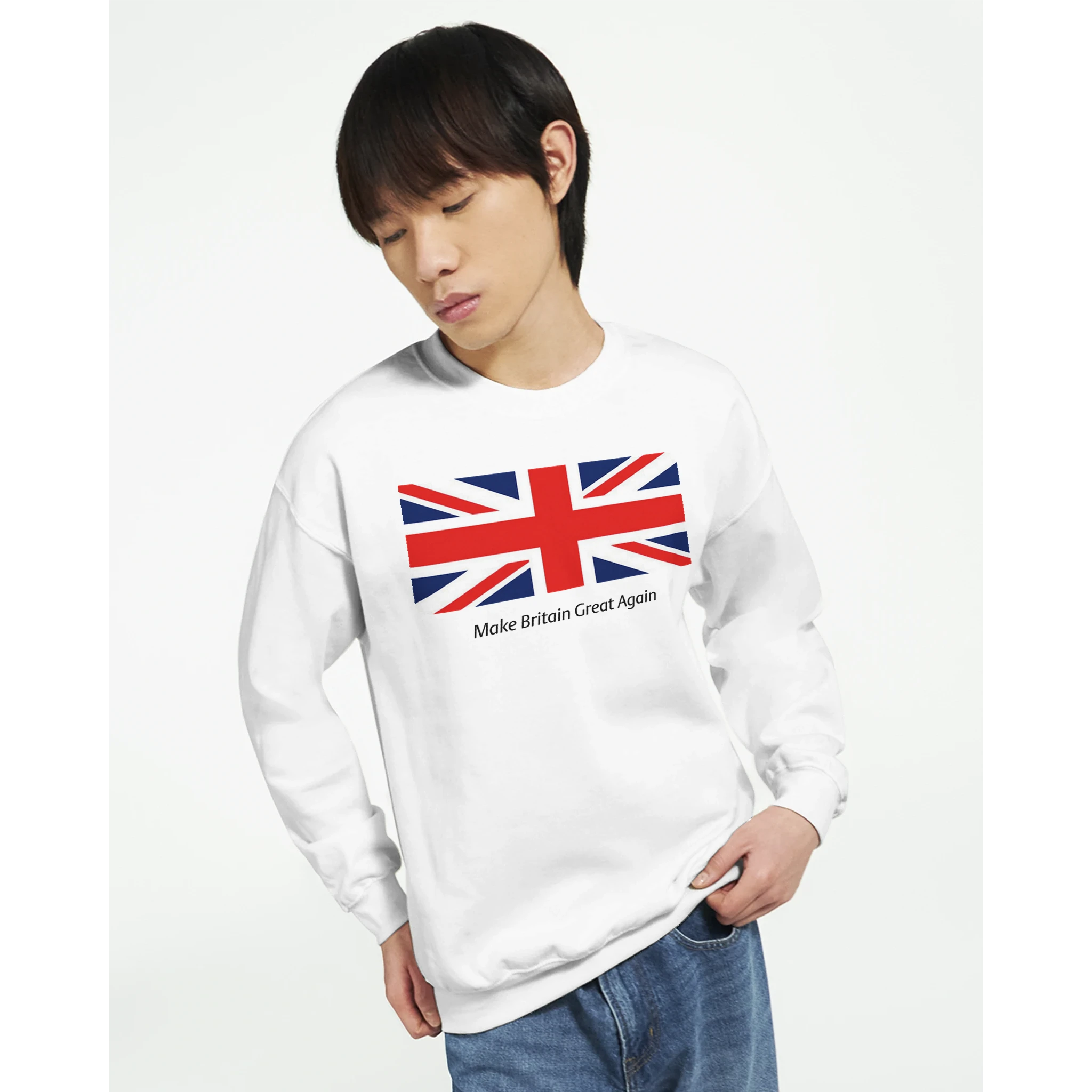 Union Jack flag graphic sweatshirt with Make Britain Great Again slogan, white, cotton-poly blend, men's sizes S–XL.