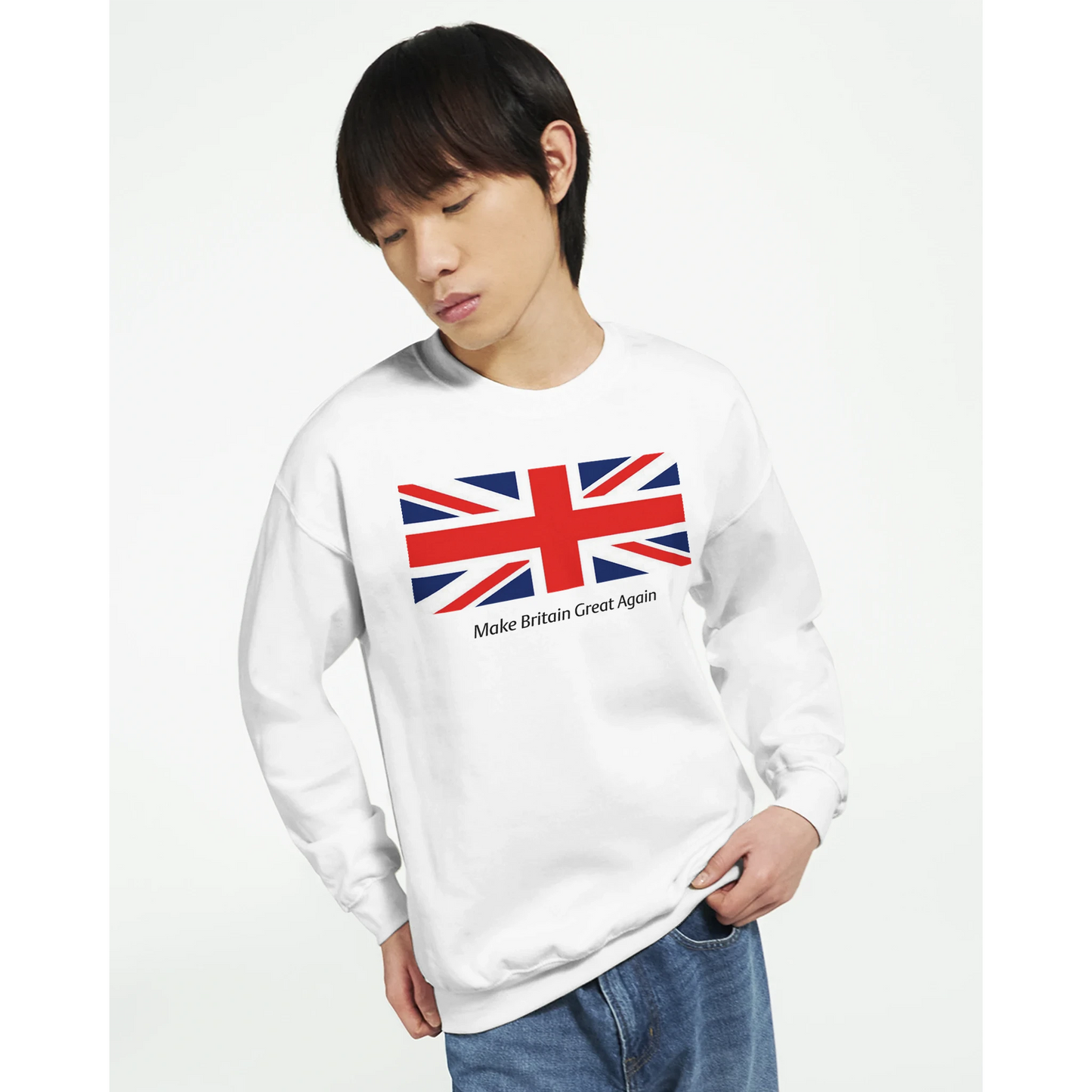Person wearing a white men's graphic sweatshirt with a Union Jack design and text on a white background slant