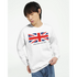 Union Jack flag graphic sweatshirt with Make Britain Great Again slogan, white, cotton-poly blend, men's sizes S–XL.