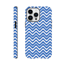 Blue and white retro chevron iPhone case featuring a glossy zigzag wraparound print and tough shock-absorbing TPU construction for reliable daily protection.