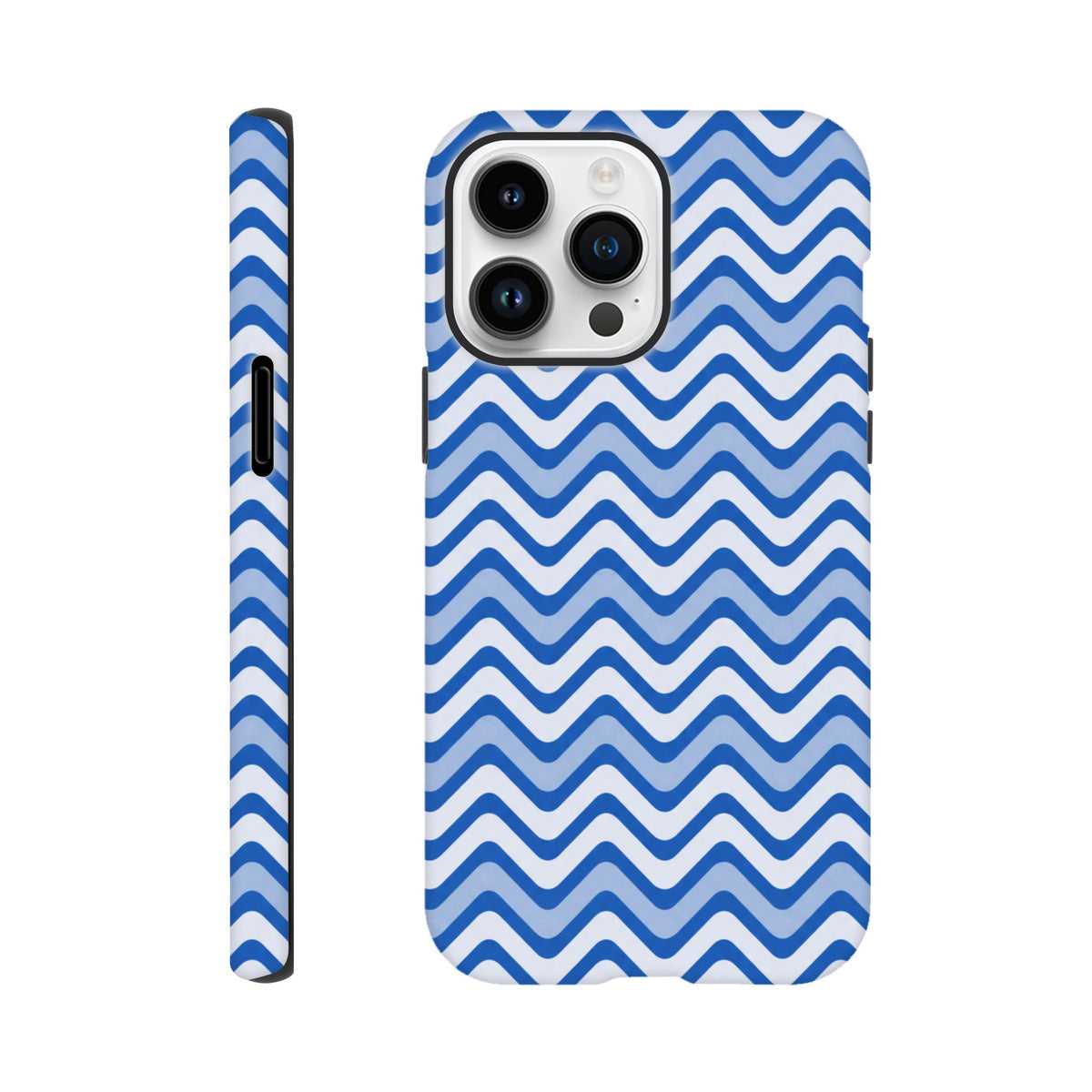 Blue and white retro chevron iPhone case featuring a glossy zigzag wraparound print and tough shock-absorbing TPU construction for reliable daily protection.