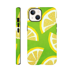 Green iPhone case featuring a bold yellow lemon slice pattern. Durable citrus fruit phone cover designed for city commutes and drop protection.