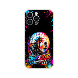 Car culture iPhone case featuring a manual gear shifter, colorful palm trees, and paint splatter art on a black background.