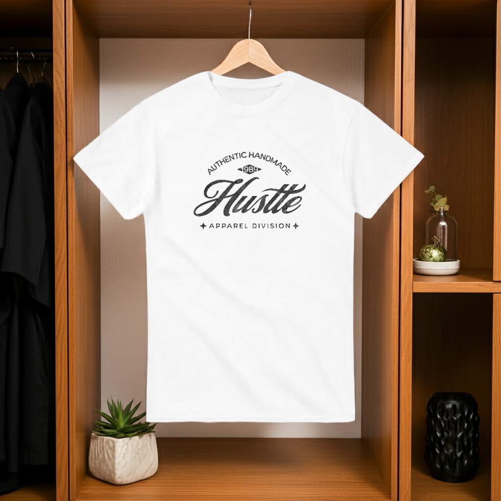 White t-shirt with black text on a wooden hanger inside a wardrobe.