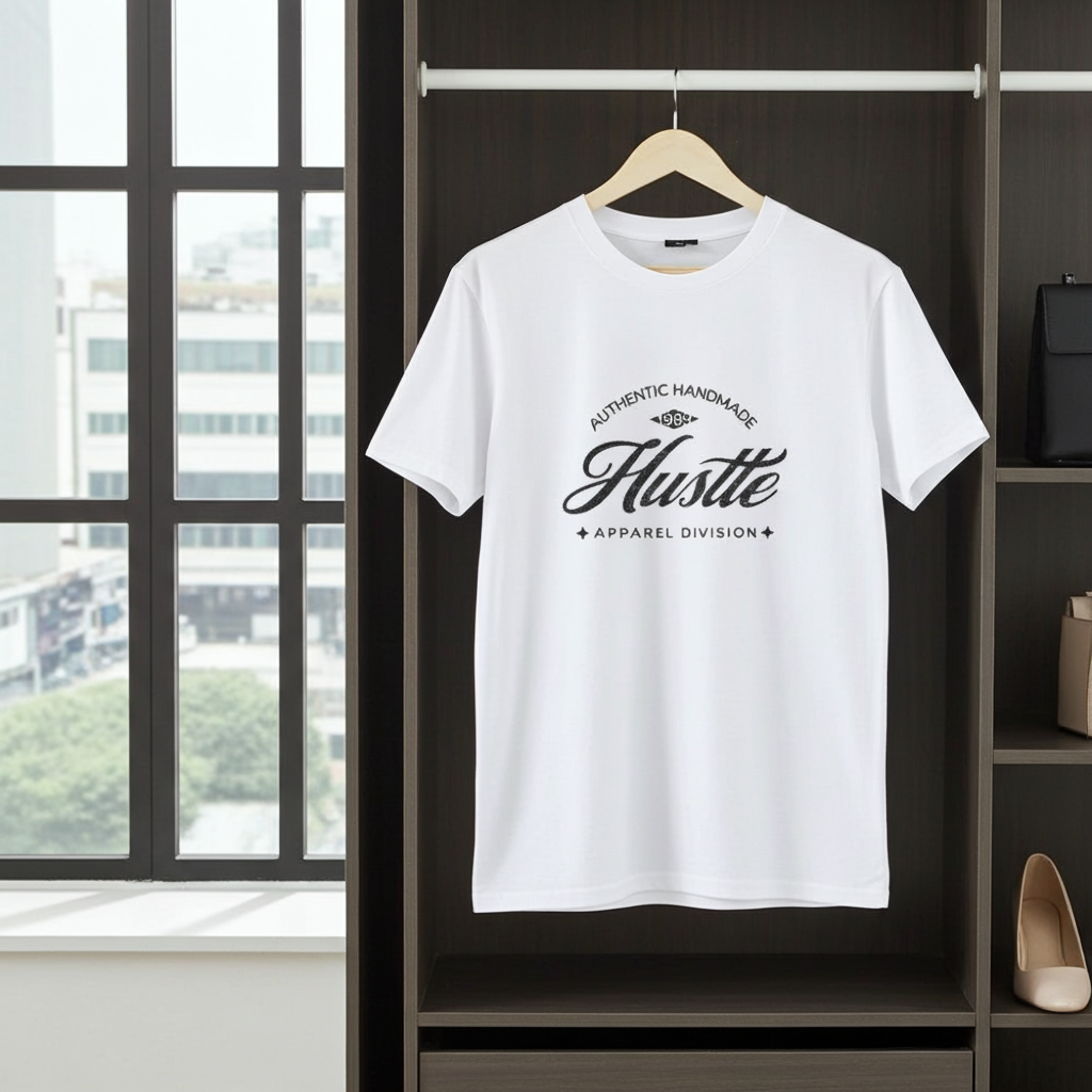 White t-shirt with 'Hustle' text on a hanger in a room with a window.