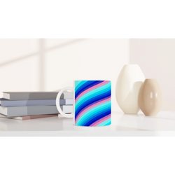 Blue and pink retro wave mug with groovy Y2K swirl ceramic coffee cup.