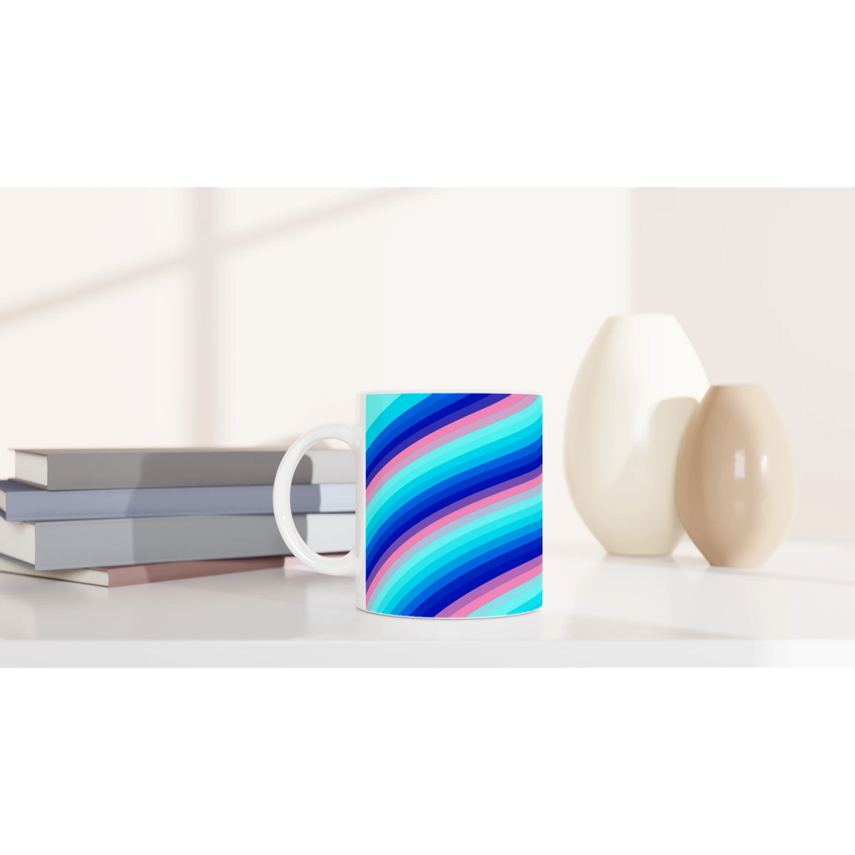 Blue and pink retro wave mug with groovy Y2K swirl ceramic coffee cup.