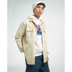 Monkey DJ men's graphic hoodie in white, 50/50 cotton-poly blend, on a male model with a beige jacket.