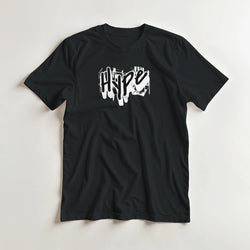 Black men's urban graffiti graphic T-shirt with bold white artwork on front.
