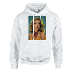 White pullover hoodie featuring a retro pop art pin-up woman graphic with blonde hair and a red polka-dot scarf.
