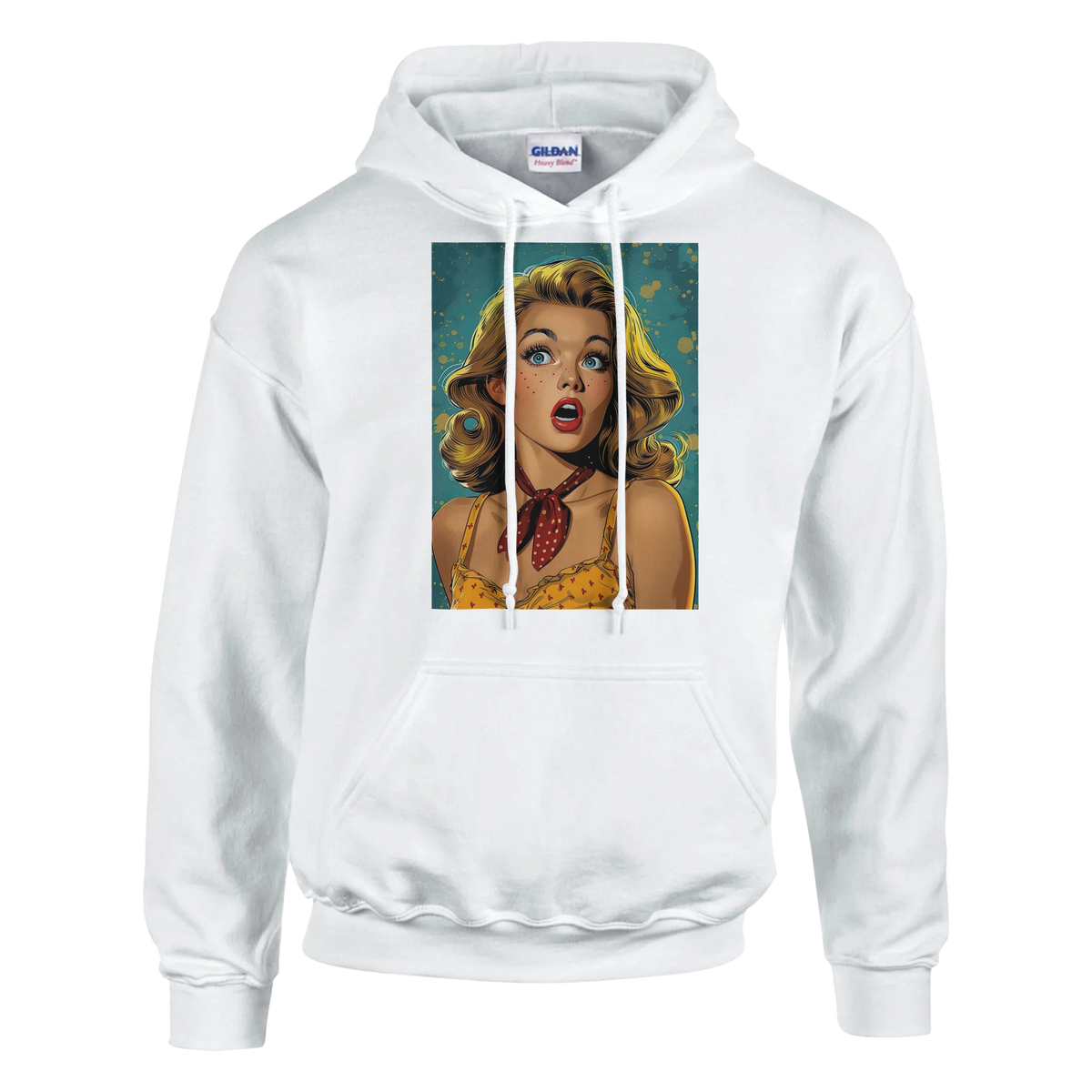 White pullover hoodie featuring a retro pop art pin-up woman graphic with blonde hair and a red polka-dot scarf.