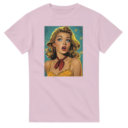 Vintage pin-up graphic tee for men on pink, retro Americana streetwear with front blonde pin-up artwork.
