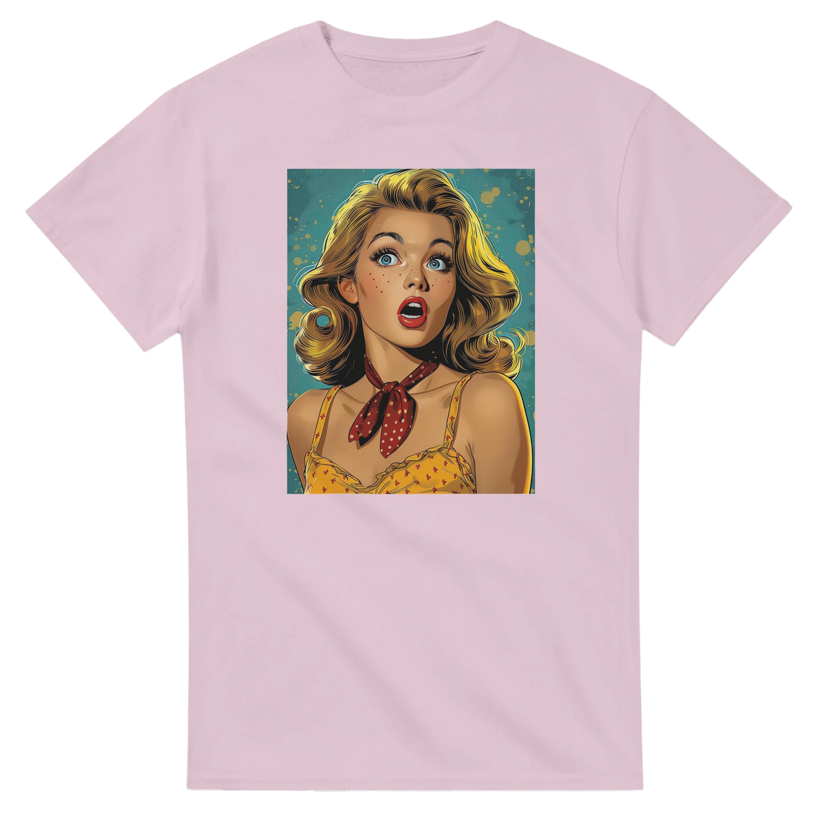 Vintage pin-up graphic tee for men on pink, retro Americana streetwear with front blonde pin-up artwork.