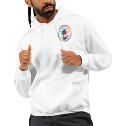 White hoodie featuring a colorful circular "Tropical Palm Trees" graphic on the chest, with double-lined hood and matching drawstrings.