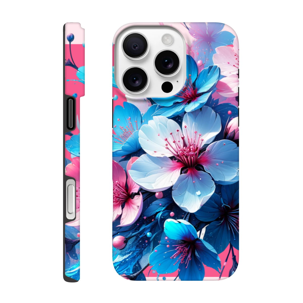 Vibrant blue and pink floral tough iPhone case designed for urban commute protection and bold style.