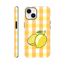 Yellow gingham iPhone case featuring a cute lemon illustration and tough drop protection for campus use.