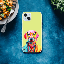 Funny Dog iPhone Case for iPhone 13-16 with a colorful dog wearing sunglasses on a lime cover.