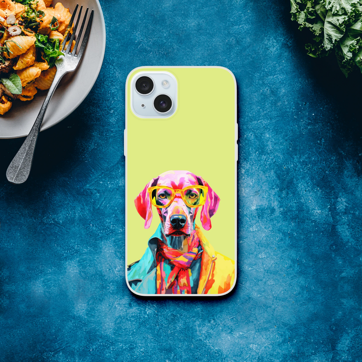 Funny Dog iPhone Case for iPhone 13-16 with a colorful dog wearing sunglasses on a lime cover.