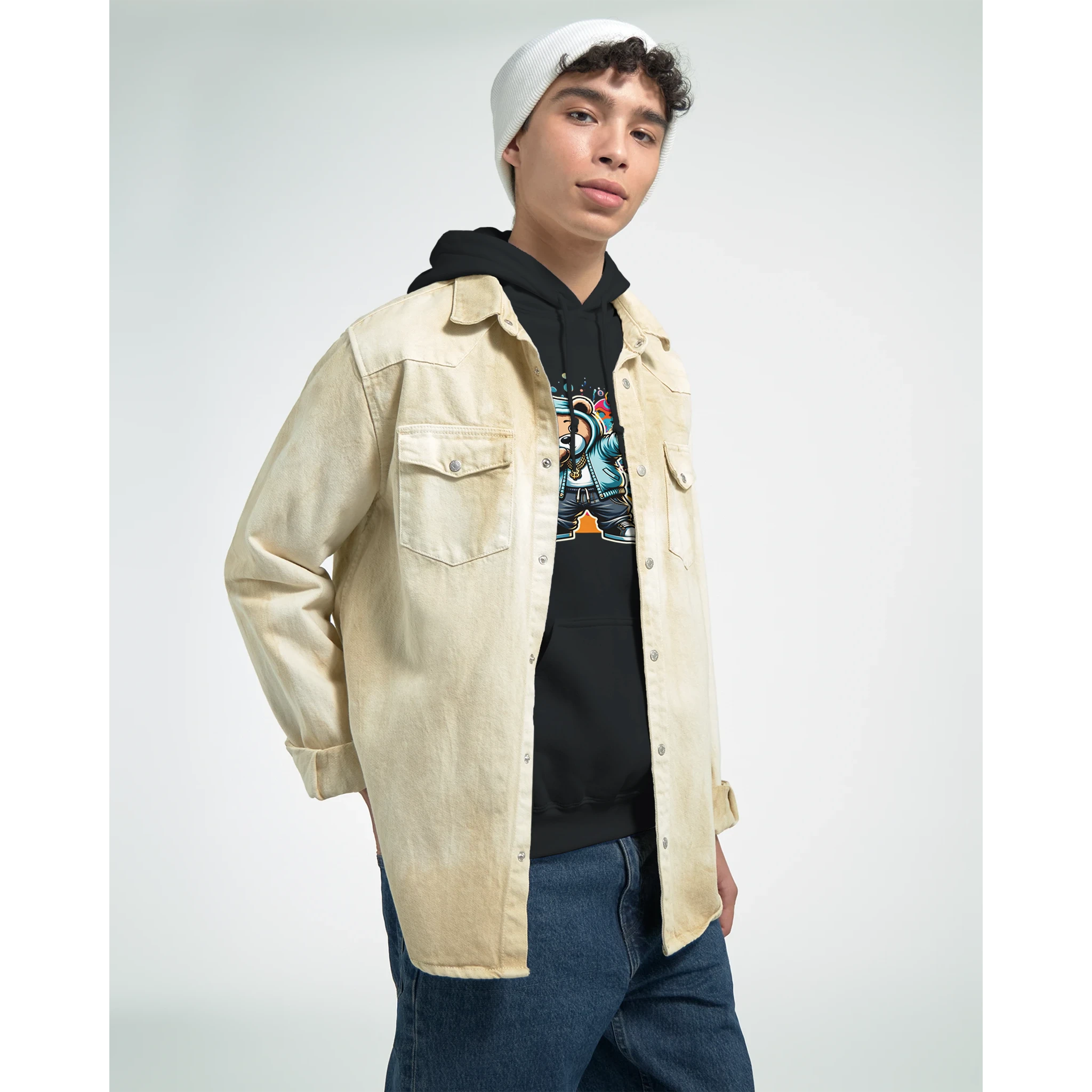 Man wearing black Men's Dab Teddy Bear Hoodie with beige overshirt; 50/50 cotton-poly graphic hoodie, sizes S-XL.