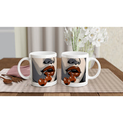 Cherries retro mug design featuring stylized lips with cherries; white ceramic mugs, gift for her.