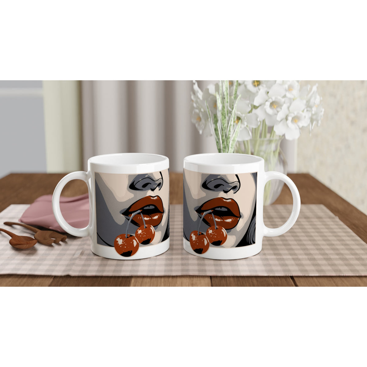 Cherries retro mug design featuring stylized lips with cherries; white ceramic mugs, gift for her.