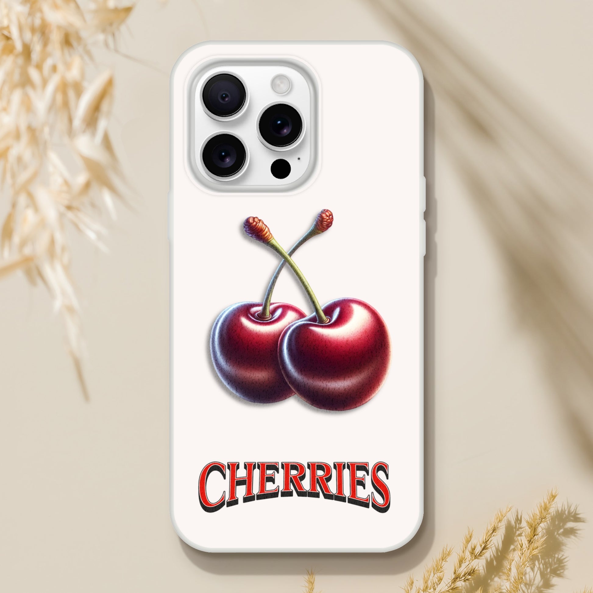 iPhone case with cherry design and 'CHERRIES' text on a light background 18